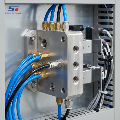 Colectores de acero inoxidable mecanizados con precisión para un sistema automatizado de distribución de fluidos.