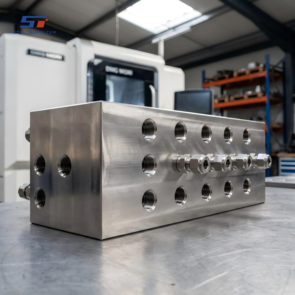 Bloque colector de acero inoxidable fabricado mediante CNC para distribución química multilínea.