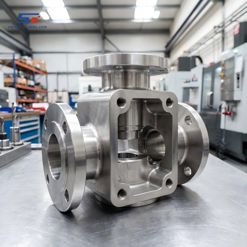 Cuerpo de válvula de acero inoxidable mecanizado por CNC a medida para sistemas de control de flujo industrial.
