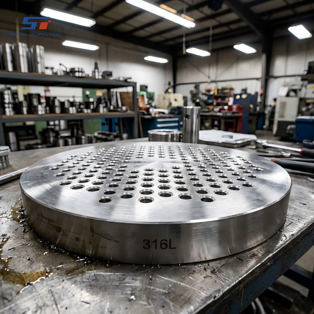 Mecanizado CNC de precisión de placas terminales de acero inoxidable para intercambiadores de calor en sistemas de refrigeración industrial.
