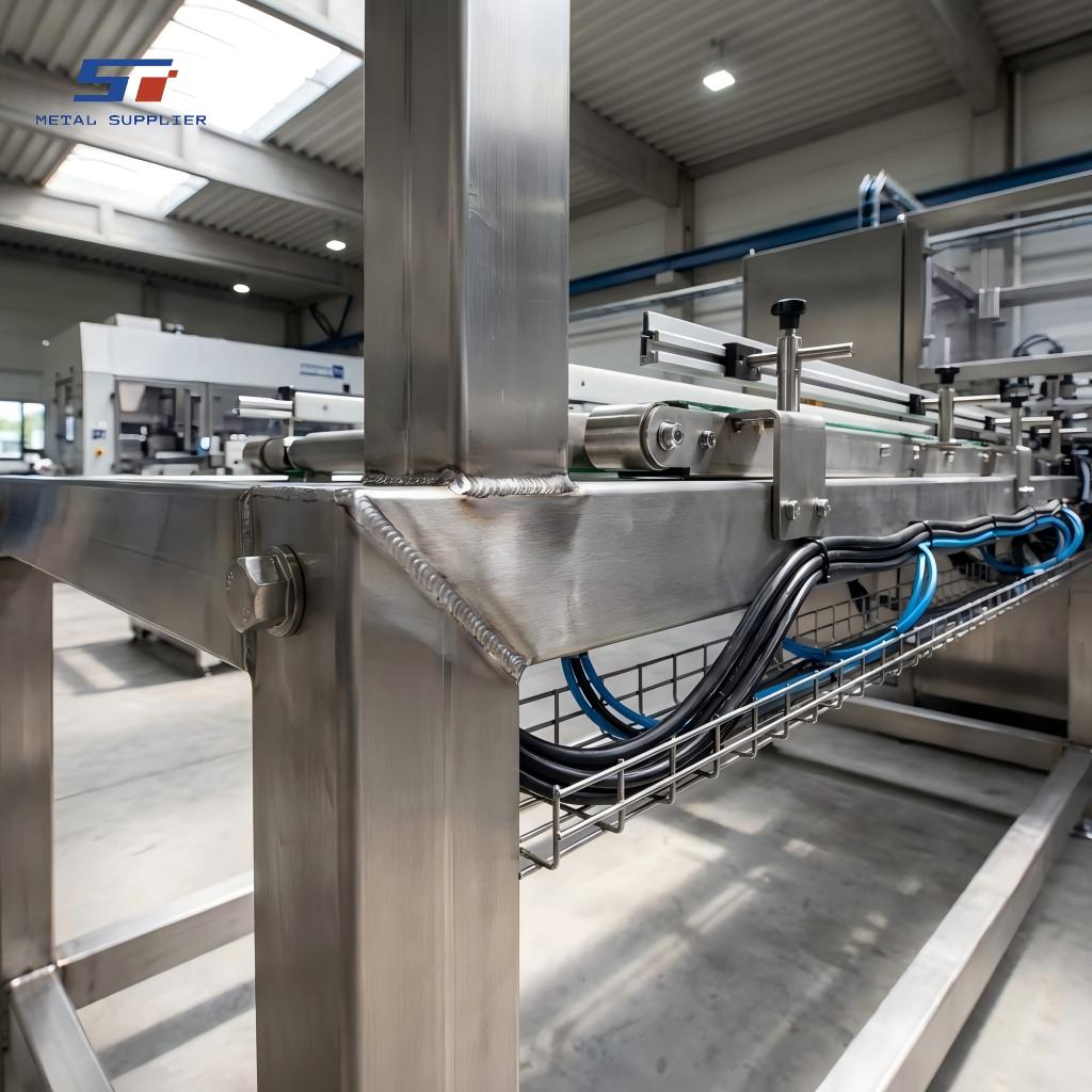 Fabricación a medida de estructuras de soporte de acero inoxidable para equipos de producción automatizados.