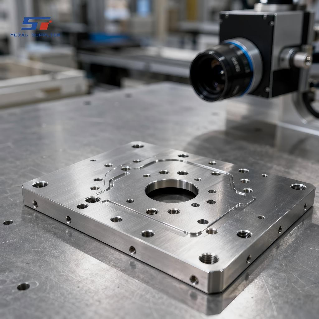 Mecanizado de precisión de placas de montaje de acero inoxidable para sistemas de inspección por visión robótica.