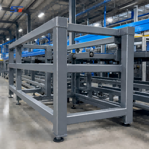 Estructuras tubulares rectangulares a medida para equipos de transporte automatizados de almacén.